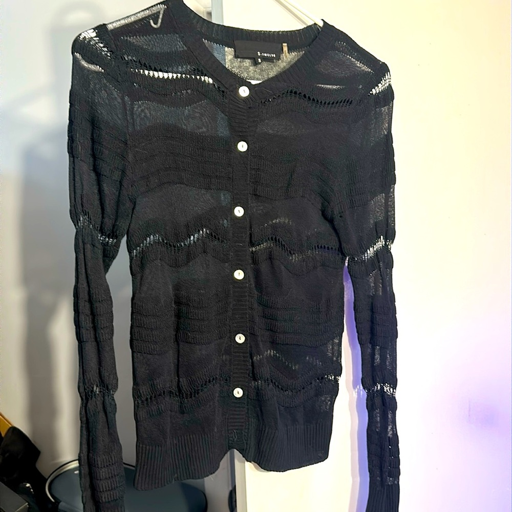 Woman’s S. twelve button down knit black sheer sweater. Size S.